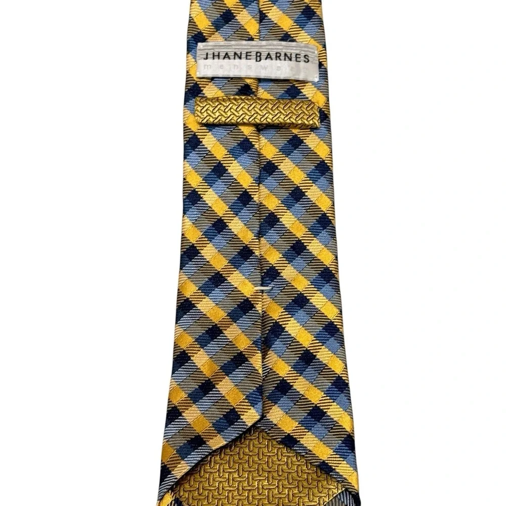 JHane Barnes Blue Yellow Woven Silk Plaid Tie Classic Preppy Colorful